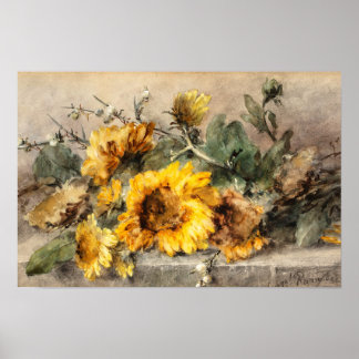 Sonnenblumenspray auf einem Stein, M. Roosenboom Poster