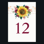 Sonnenblumenstrasse strahlt rustikale Blumenhochze Tischnummer<br><div class="desc">Diese Tischnummern sind mit einer Aquarellsonnenblume und bordeauxfarbenen Rose mit Blumenmotiven mit Lichtern versehen. Vorder- und Rückseite der Karten haben das gleiche Design. Um zu bestellen, geben Sie Ihre Tischnummer ein und klicken Sie für jede Tischnummer auf "Zum Warenkorb hinzufügen". Diese Karten sind Teil einer Sammlung, die eine komplette Palette...</div>