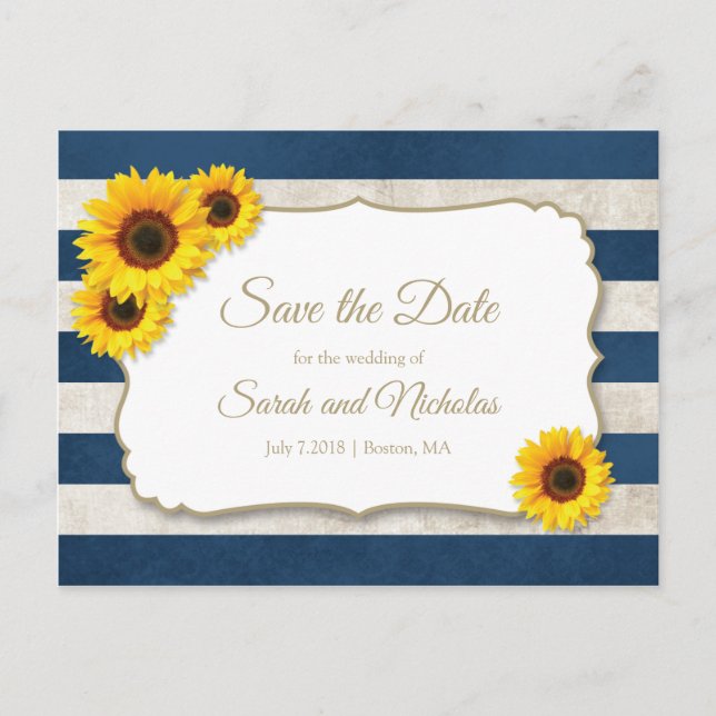 Sonnenblumenstreifen Save the Date, Hochzeit von N Ankündigungspostkarte (Vorderseite)
