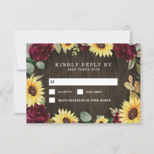 Sonnenblumentheater und Burgunder Rote Rose Hochze RSVP Karte