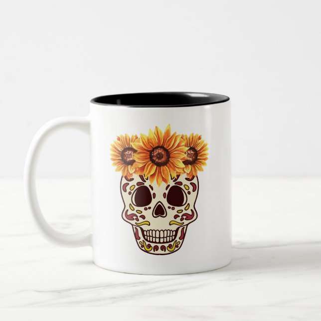 Sonnenblumenzuckerschädel Zweifarbige Tasse (Links)