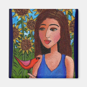 Sonnenblumewald, Dame u. roter Vogel - Magnet