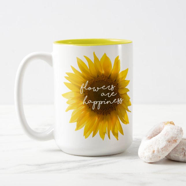 Sonnenblumezitat "Blumen sind Glück " Zweifarbige Tasse (Mit Donut)