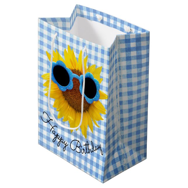 Sonnenbrille auf der Sonnenblumengeschenktasche Mittlere Geschenktüte (Vorderseite Schrägansicht)