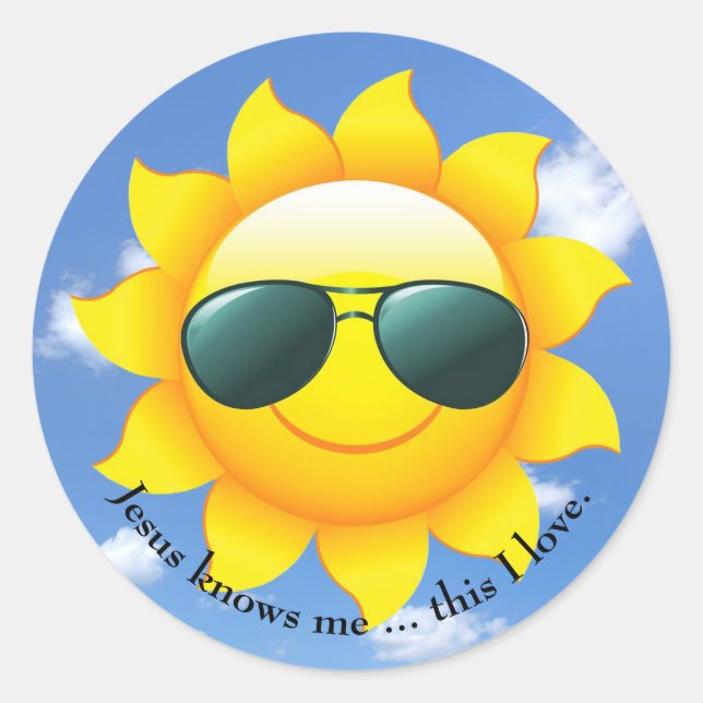 Sonnenbrille auf gelber Sonne am Himmel mit Zitat Runder Aufkleber (Vorderseite)