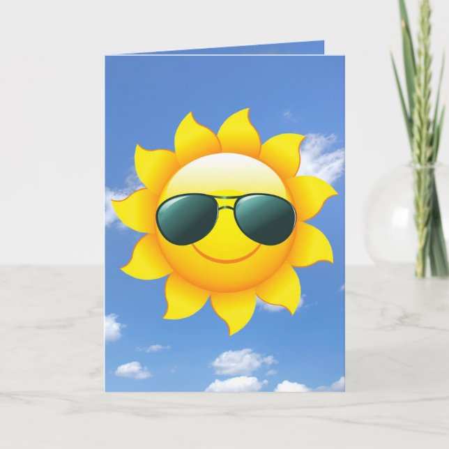 Sonnenbrille auf gelber Sonne denken Sie an Karte (Vorderseite)