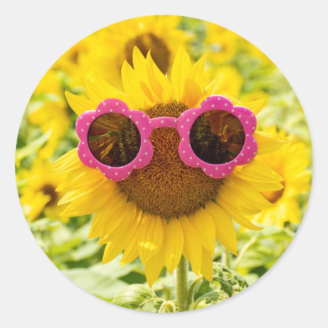 Sonnenbrille auf Sonnenblumen Runder Aufkleber (Vorderseite)