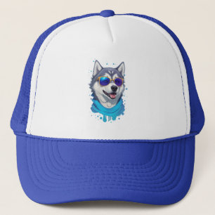 Sonnenbrille-tragender Husky-Hund bei spielerische Truckerkappe