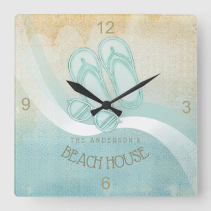 Sonnenbrille und Flip Flops Aqua ID623 Quadratische Wanduhr