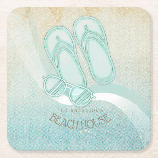 Sonnenbrille und Flip Flops Aqua ID623 Rechteckiger Pappuntersetzer