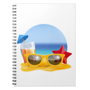 Sonnenbrille und Strandlandschaft für den Sommer Notizblock