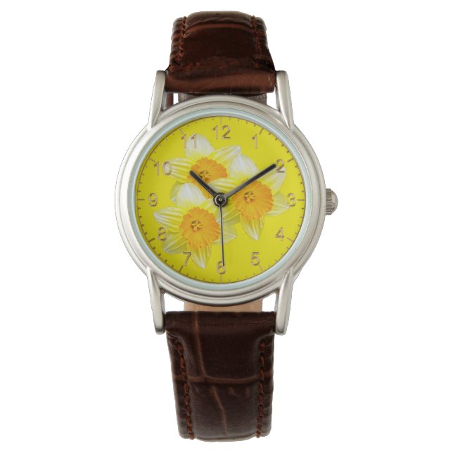 Sonnenburst, goldene Daffodien, Ladys Leather Watc Armbanduhr (Vorderseite)