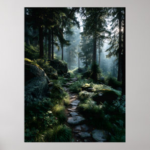 Sonnendurchfluteter Waldweg durch alte Kiefern Poster