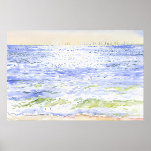 Sonnendurchflutetes Meer und entfernte Segelboote Poster
