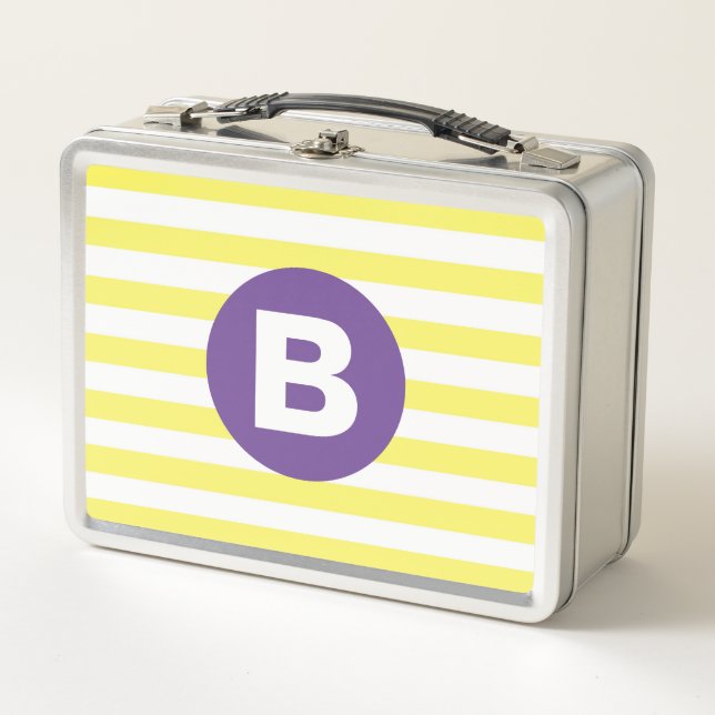 Sonnengelb gestreift lila Monogramm Metall Brotdose (Vorderseite)