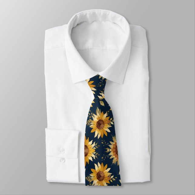 Sonnengelb Gold Navy Sonnenblumen Blätter Muster Krawatte (Gebunden)