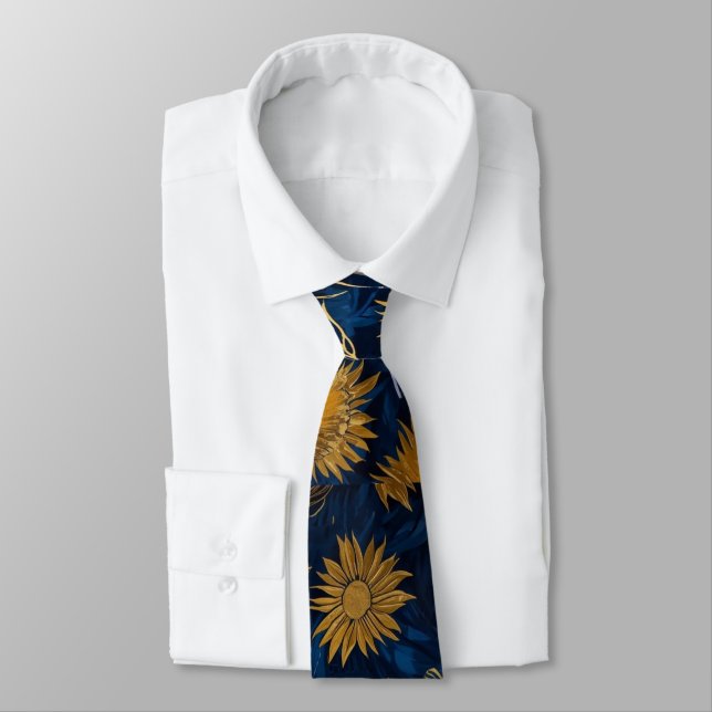 Sonnengelb Gold Navy Sonnenblumen Blätter Muster Krawatte (Gebunden)