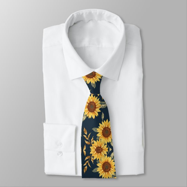 Sonnengelb Gold Navy Sonnenblumen Blätter Muster Krawatte (Gebunden)