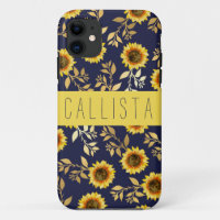 Sonnengelbe goldene Navy Sonnenblumen Blätter Mono