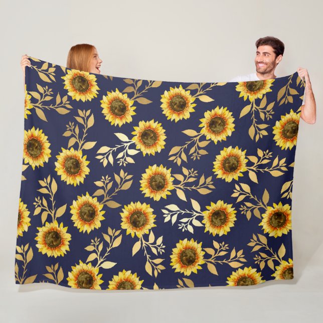 Sonnengelbe goldene Navy Sonnenblumen Blätter Must Fleecedecke (Beispiel)