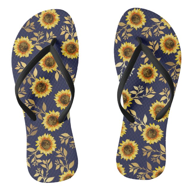 Sonnengelbe goldene Navy Sonnenblumen Blätter Must Flip Flops (Fußbett)