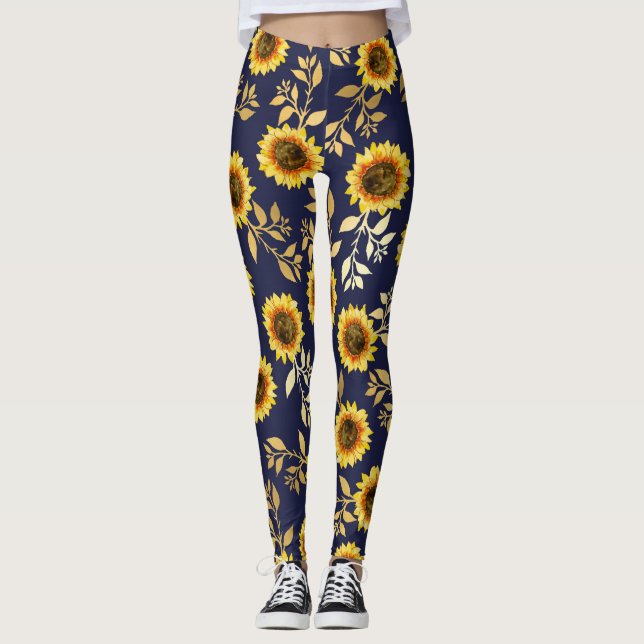 Sonnengelbe goldene Navy Sonnenblumen Blätter Must Leggings (Vorderseite)