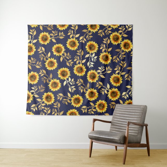 Sonnengelbe goldene Navy Sonnenblumen Blätter Must Wandteppich (Beispiel (Horizontal))