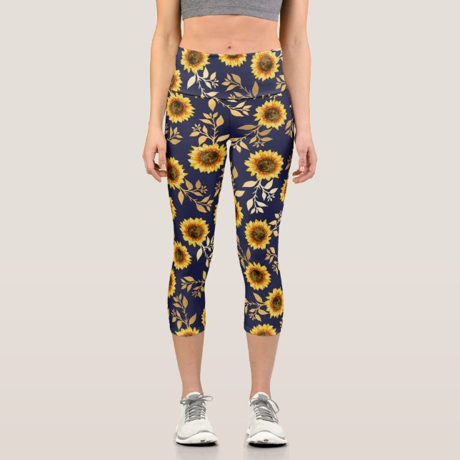 Sonnengelbe goldene Navy Sonnenblumen Leaf Wasserf Capri Leggings (Vorderseite)