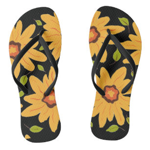 Sonnengelbe handgemalte, dunkle Blume auf schwarz Flip Flops
