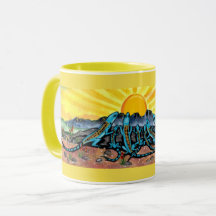 Sonnengelbe Tasse, blaue Lizard beobachtet Sonnena