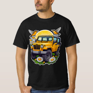 Sonnengelber 4x4-LKW mit Gänseblümchen und Vögeln T-Shirt