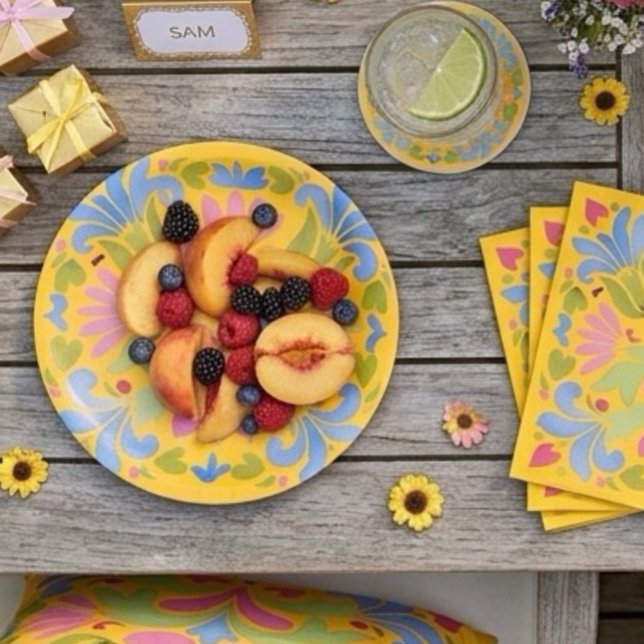 Sonnengelbes und blaues Sommerblumenmuster Pappteller (Von Creator hochgeladen)