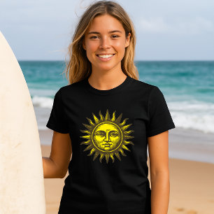 Sonnengesicht Himmels Kunst Retro-Holzschnitt-Stil T-Shirt