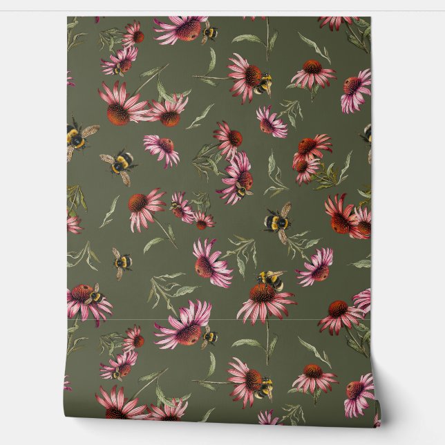 Sonnenhutfarben Echinacea Bienen Muster Tapete (Abrollen)