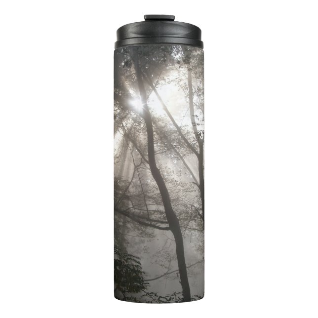 Sonnenlicht durch dunkle Waldbaeume Thermosbecher (Vorderseite)