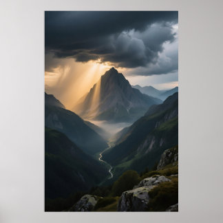 Sonnenlicht über majestätischem Berggipfel Poster