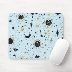 Sonnenmondstars aus Schwarz, Gold und Blau Mousepad