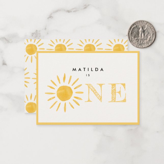 Sonnenschein 1. Geburtstag Sonne gelb danke Mitteilungskarte (Vorderseite/Rückseite Beispiel)