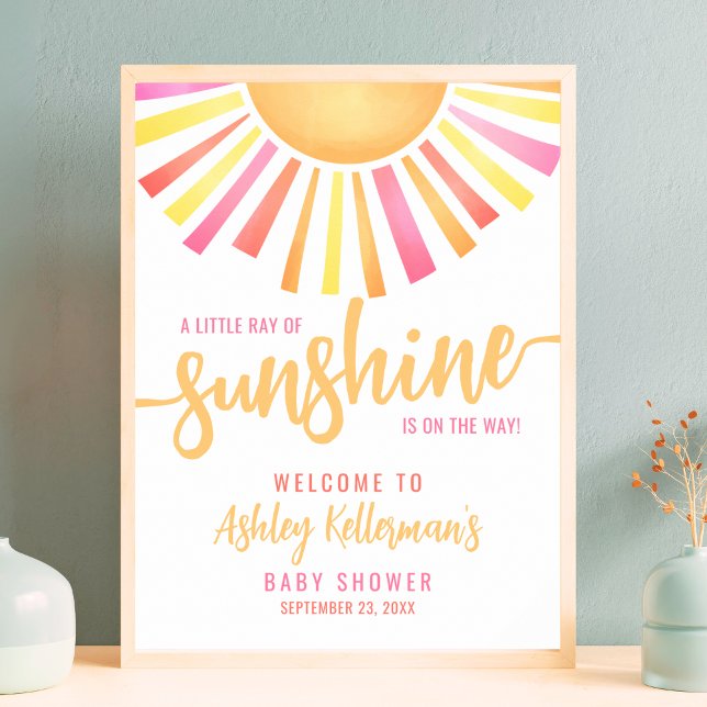 Sonnenschein Hellrosa Babydusche Begrüßungszeichen Poster (Sunshine Bright Pink Baby Shower Welcome Sign)