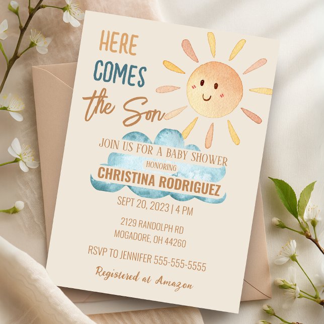 Sonnenschein hier kommt die Son Baby Dusche Einlad Einladung (Sunshine Here Comes The Son Baby Shower Invitation)