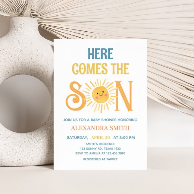 Sonnenschein hier kommt die Son Baby Dusche Einladung (Here Comes the Son Sunshine Baby Shower Invitation)