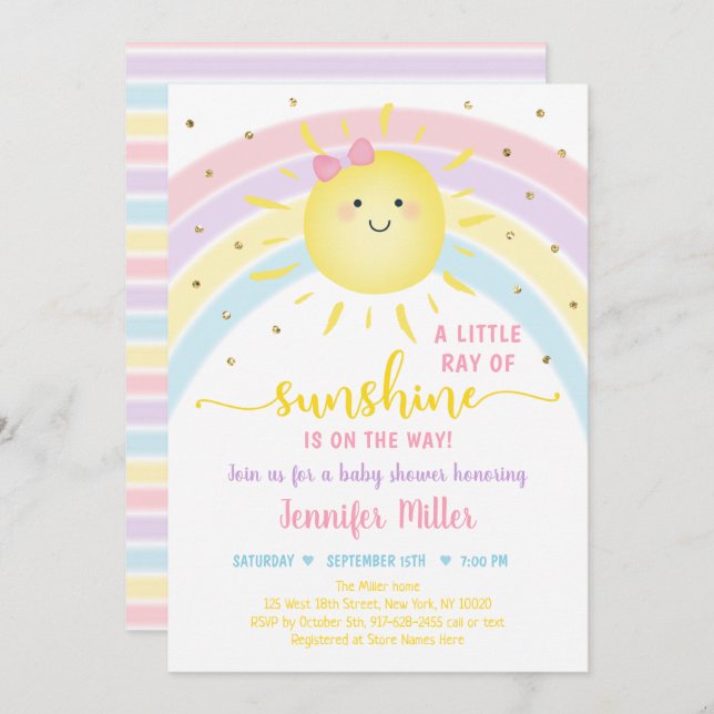 Sonnenschein Rainbow Pink Gold Pastel Babydusche Einladung (Vorne/Hinten)