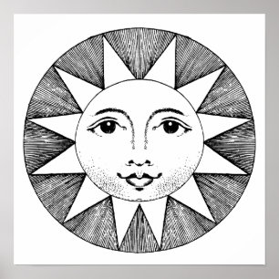 SONNENSCHEIN SONNEN GESICHT SCHWARZ WEIß KUNSTDruc Poster