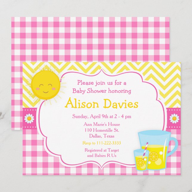 Sonnenschein und Lemonade Pink und Gelbe Babydusch Einladung (Vorne/Hinten)
