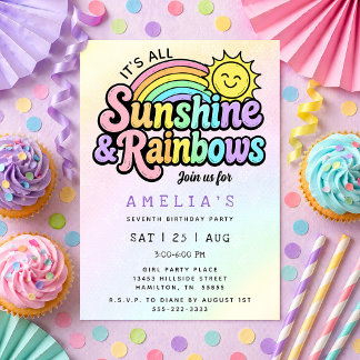 Sonnenschein und Regenbogen Bunte Mädchen-Geburtst Einladung