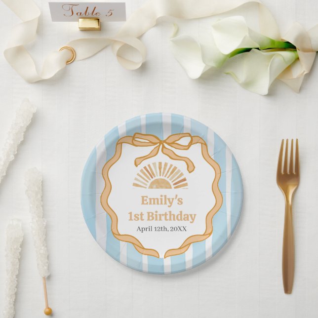 Sonnenscheinblaue Gingham-Geburtstagsfeier-Papiert Pappteller (Hochzeit)