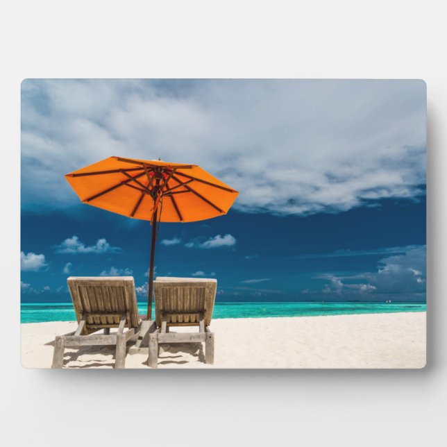 Sonnenschirm am Sandstrand |Malediven Fotoplatte (Vorderseite)