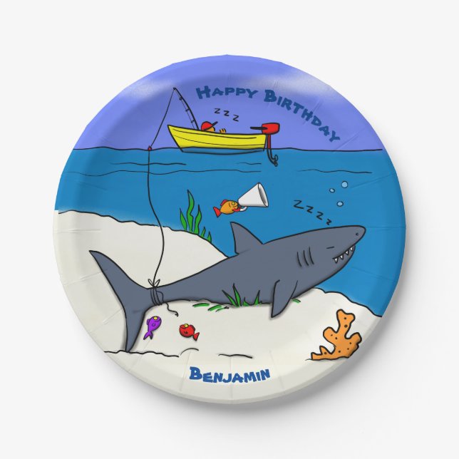 Sonnenschlafhai und Fischerei Cartoon Pappteller (Vorderseite)