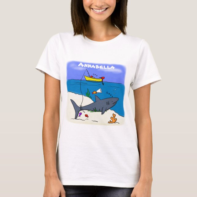 Sonnenschlafhai und Fischerei Cartoon T-Shirt (Vorderseite)
