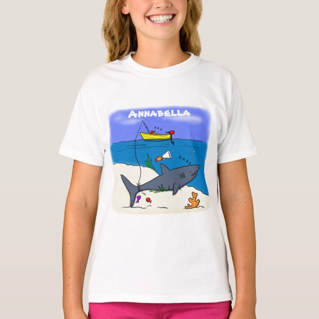 Sonnenschlafhai und Fischerei Cartoon T-Shirt (Vorderseite)